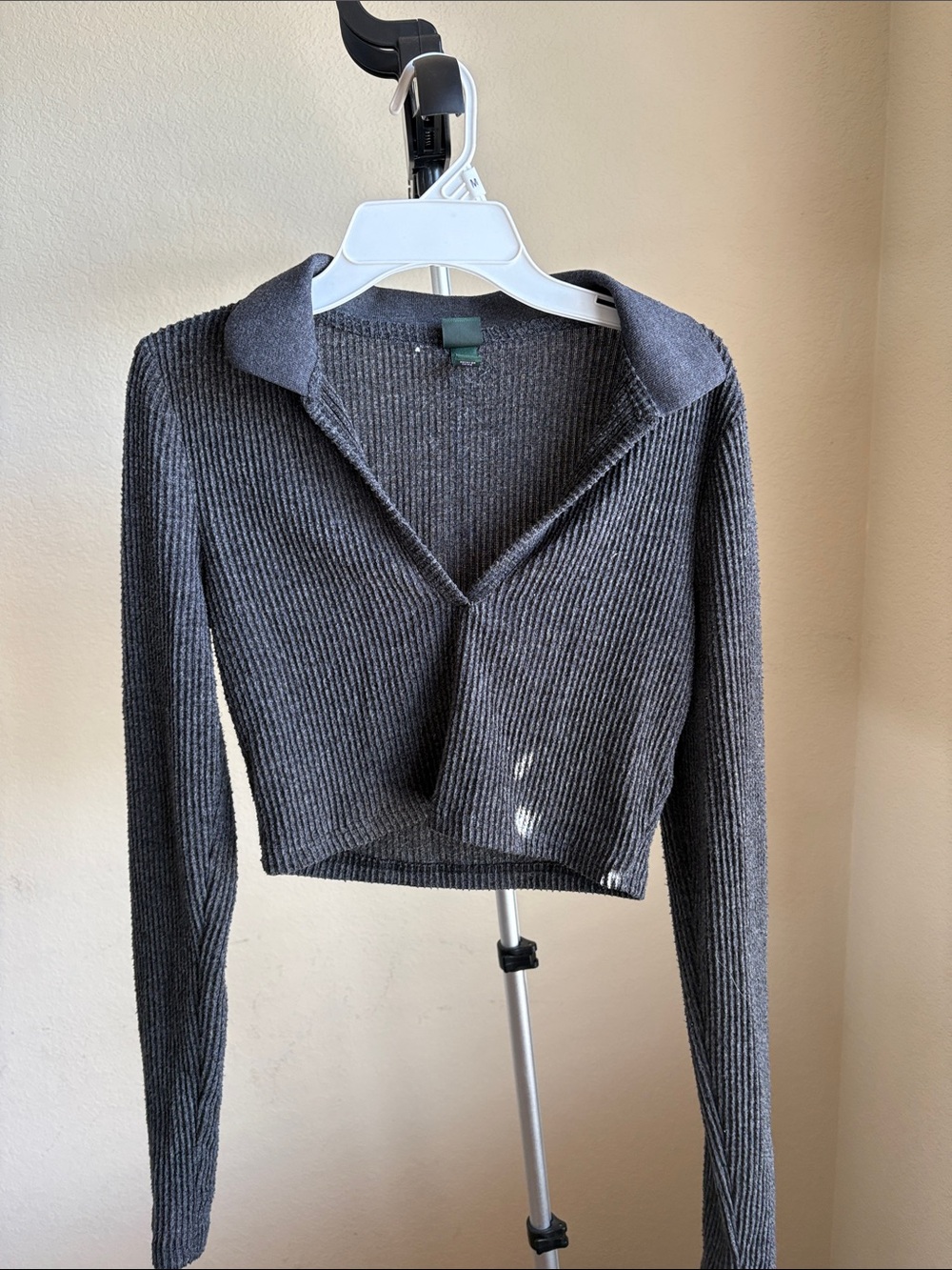 wild fable Charcoal Ribbed V-Neck Cropped Sweater
